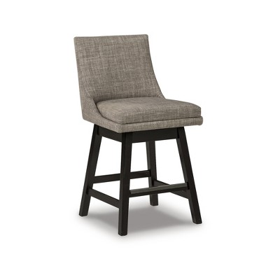 Transitional Beige Wood Swivel Barstool with Light Gray Upholstery