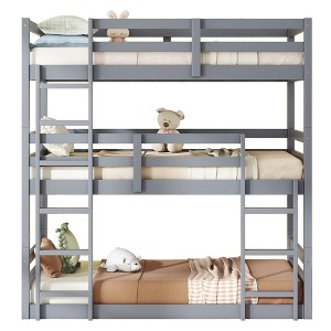 TiramisuBest Triple Twin Rubber Wood Bunk Bed with 2 Built-In Ladders & Guardrails, Detachable Triple Bunk, Grey - 1 of 4