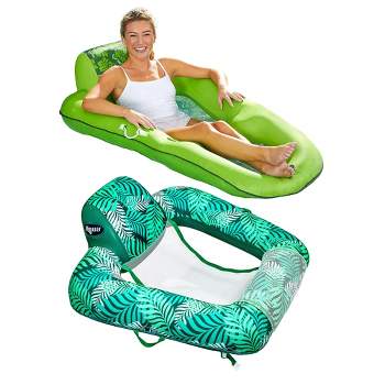 Aqua Leisure Luxury Water Reclining Pool Lounger Chair with Headrest, Lime Floral, and Zero Gravity Hammock Pool Chair Lounger, Teal Fern Leaf