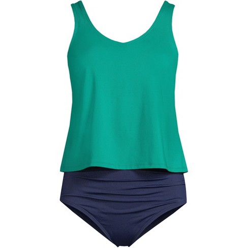 Lands' End Women's Chlorine Resistant V Neck One Piece Fauxkini Swimsuit -  Large - Island Emerald/Navy Mix