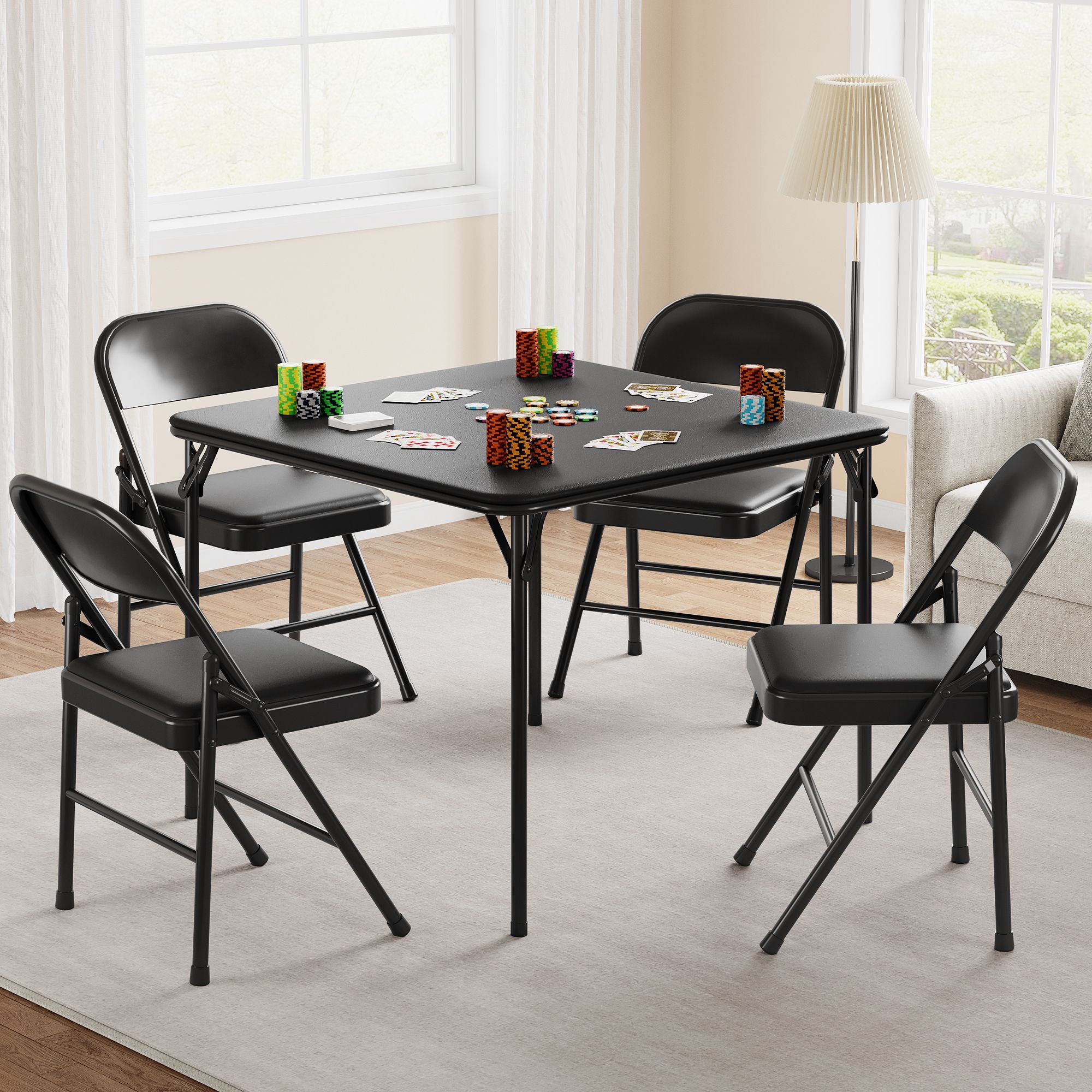 Folding Card Table, 37.7 Inch Portable Square Folding Table with PU Soft Cushion for Living Room and Dining Room, Black
