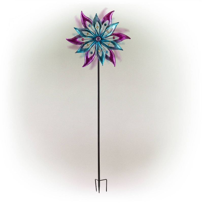 64&#34; Jeweled Colorful Metal Dual Floral Wind Spinner Garden Stake Aqua/Purple - Alpine Corporation, 1 of 8