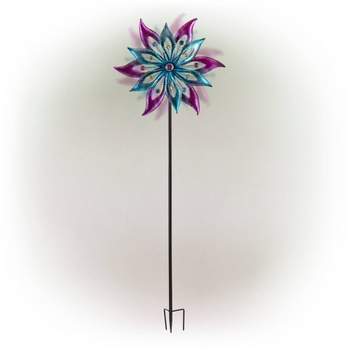 64" Jeweled Colorful Metal Dual Floral Wind Spinner Garden Stake Aqua/Purple - Alpine Corporation