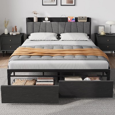 Nasitip Queen Size Industrial Bed Frame with Storage Headboard, 2 Large Drawers,No Box Spring Needed, Easy Assembly
