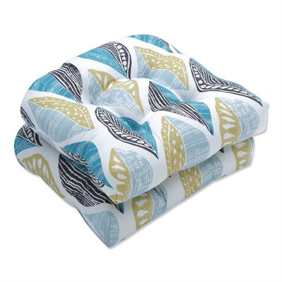 Pillow Perfect Set of 2 Leaf Block Outdoor/Indoor Wicker Seat Cushions Teal/Citron