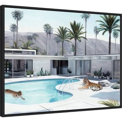 30" x 23" Black Framed Canvas Wall Art with Tigers by Pool