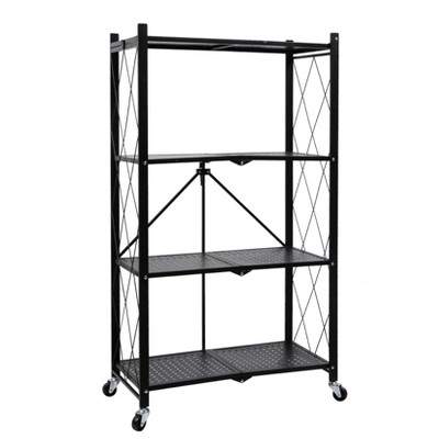 Vynxaria Black 4-Tier Utility Storage Shelves, Foldable Metal Rack with Wheels, 27.95" x 14.96" x 49.61"