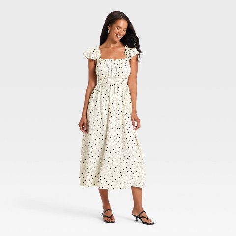 Женские платья A New Day Women's Sleeveless Modern Gauze Femme Ruched Maxi Dress - A New Day™ Cream/Black Dot L