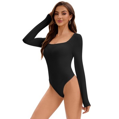 INSPIRE CHIC Women's Long Sleeve Bodysuit Slim Fit Square Neck Tummy Control Brief Leotard
