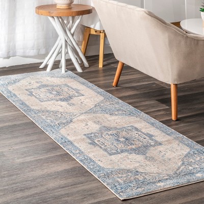 Light Blue Vintage Medallion Fringe Easy-Care Runner Rug