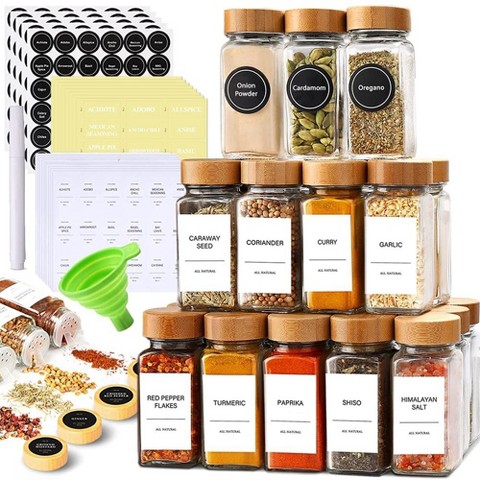 Le'raze 24 Glass Spice Jars with Label Set Bamboo Shaker Lids & Funnel, Kitchen Airtight Storage Jars with Lid, Spices & Seasonings Container Set