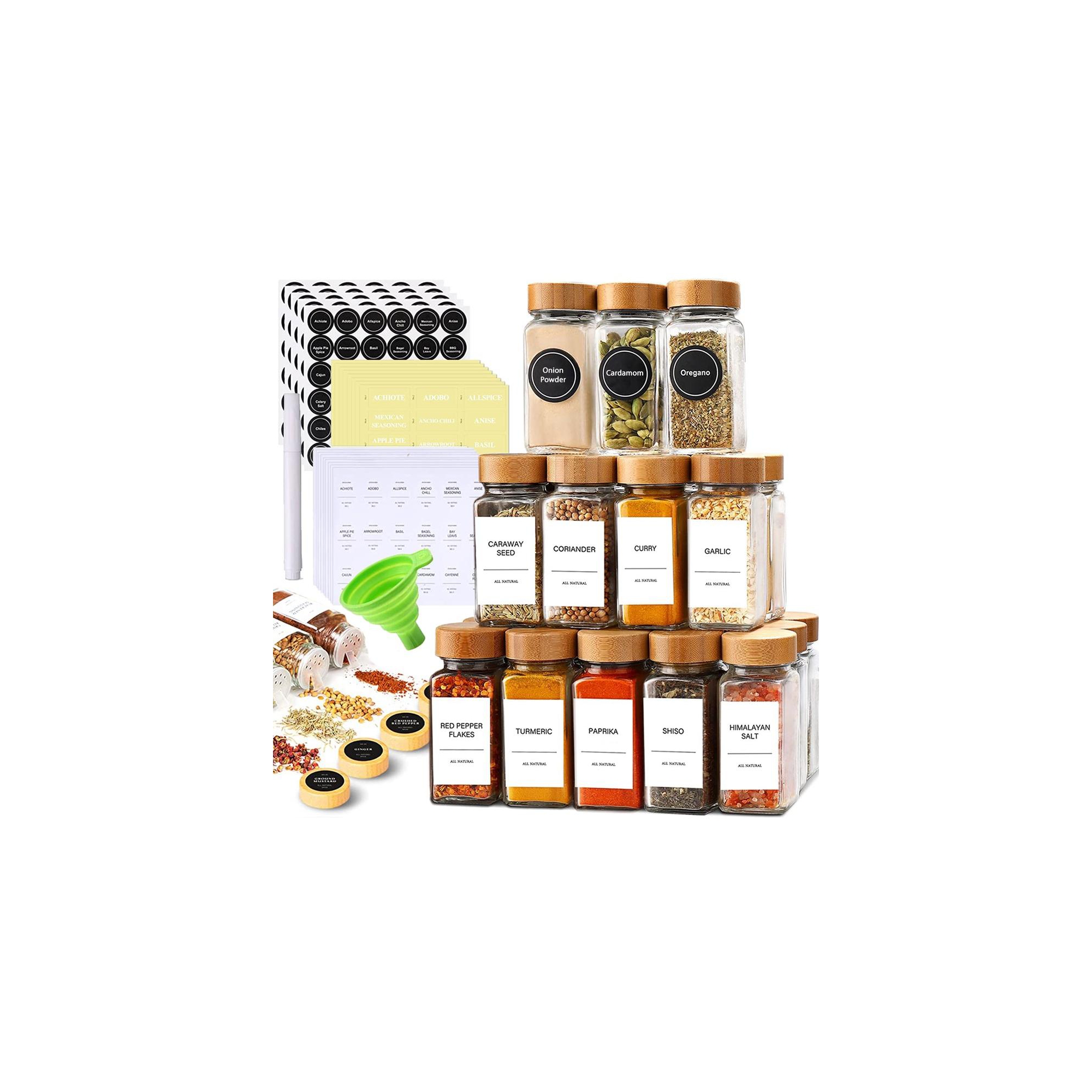 Le'raze 24 Glass Spice Jars with Label Set Bamboo Shaker Lids & Funnel, Kitchen Airtight Storage Jars with Lid, Spices & Seasonings Container Set