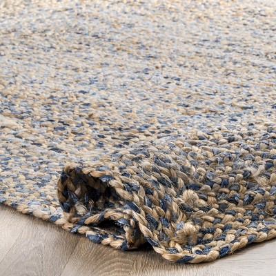 Handmade Blue and Beige Braided Cotton Rectangular Rug