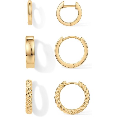 14K-18K Yellow Gold Plated Sterling Silver Posts Three Pairs Small Hoop Earrings for Women - Statement Gold Hoop Earrings Set