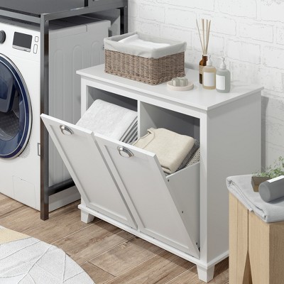 White MDF Tilt-Out Laundry Sorter Cabinet with Dual Compartments