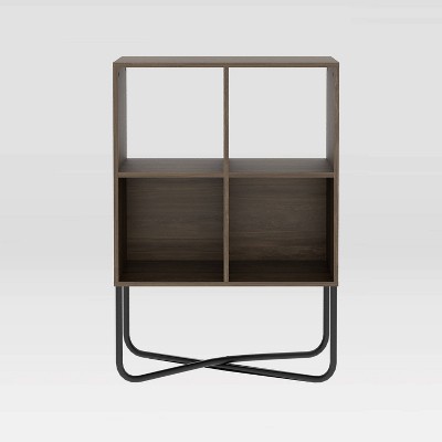 Modern Symmetrical 2-Tier Walnut Bookcase with Steel Cross-Legs