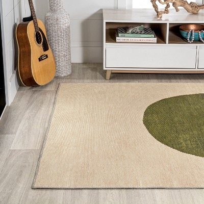 Ivory and Olive Geometric Washable Synthetic Area Rug