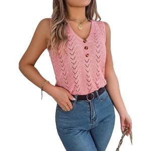 Womens Knit Sweater Tank Tops Casual Summer V Neck Loose Fit Sleeveless Button Pointelle Shirts - 1 of 4