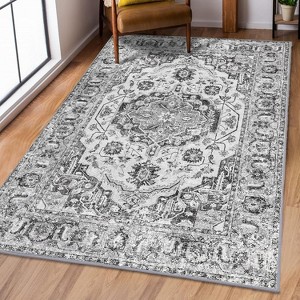 Acekool Washable Style Area Rug, Non Slip, Plush Low Pile, Vintage Medallion Print, Foldable, Blue Grey Tones, Multiple Sizes - 1 of 4