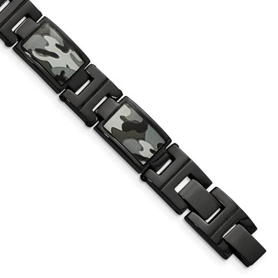 Black Bow Jewelry 13mm Black Plated Stainless Steel, Camo & Enamel Link Bracelet, 8.5 In