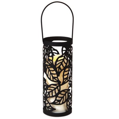 Melrose 10" Black Leaf Pattern LED Flameless Pillar Candle Lantern