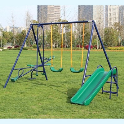 700lbs Swing Set for Backyard,Heavy-Duty A-Frame Metal Outdoor Swing Set with 2 "U Shape Belt Swing,Slide,Seesaw and Glider,Easy to Assemble