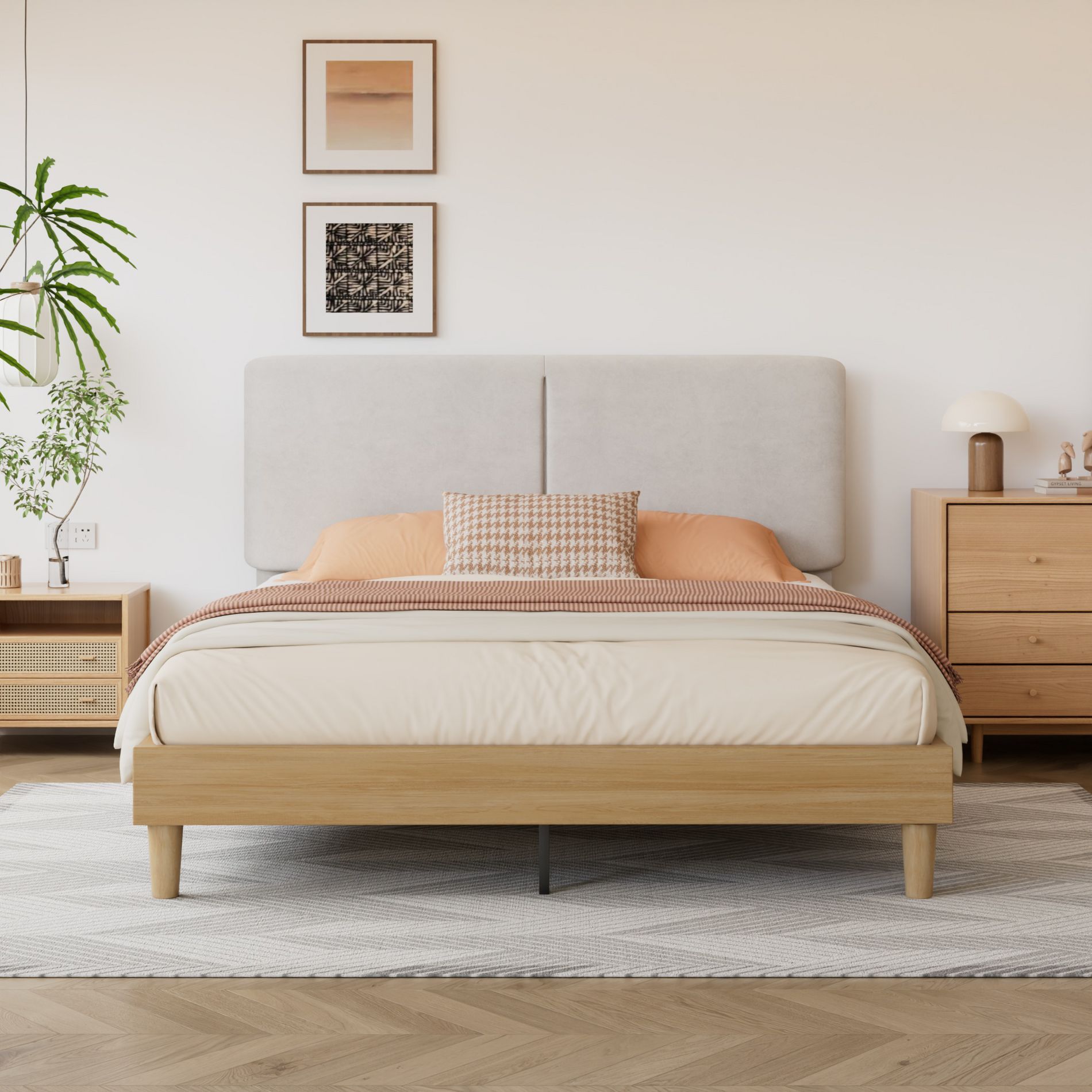 VECELO Platform Bed Frame Upholstered Beds with Height-Adjustable Cotton and Linen Headboard, Bed Frame Beige Queen Bed