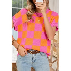 I AM A FASHION JUNKY Strawberry Pink Colorblock Plaid Knit Dolman Sweater Vest - 1 of 4