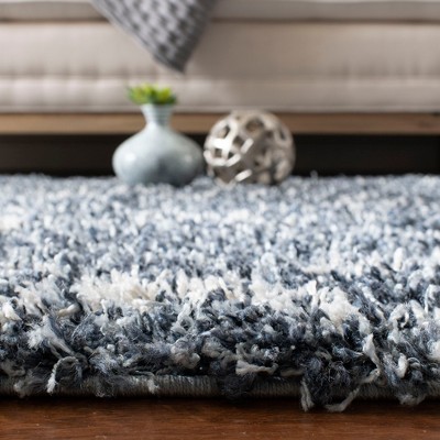 Blue and Creme Geometric Shag Area Rug with Tassels