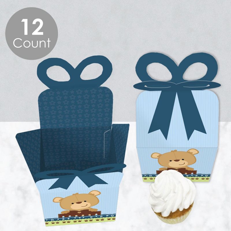 Big Dot of Happiness Baby Boy Teddy Bear - Square Favor Gift Boxes - Baby Shower Bow Boxes - Set of 12, 3 of 9