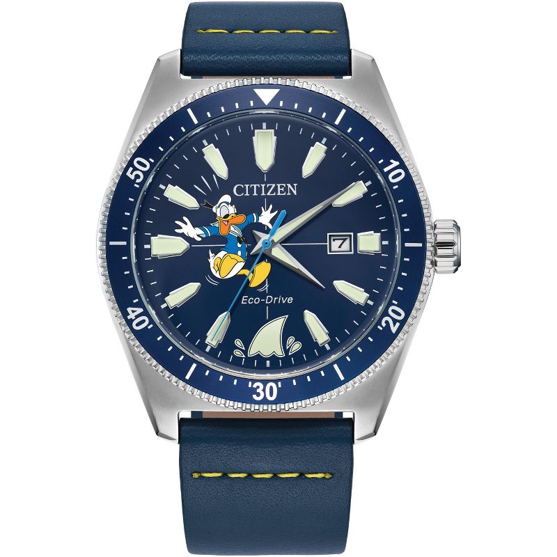 Citizen Disney Eco-Drive watch featuring Donald Duck 3-hand Silvertone Blue leather Strap, 1 of 8