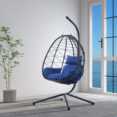 Sapphtopaz Porch Swing Wicker Rattan Swing Chair Egg-Shaped Hanging Basket Chair with Cushion and Hanging Stand for Patio, Garden, Terrace