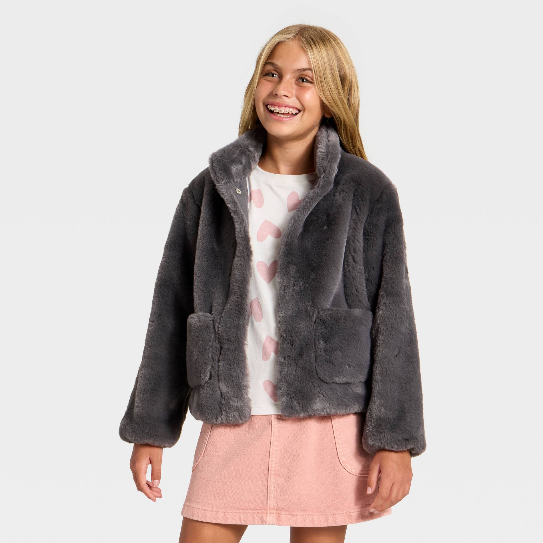 Girls' Faux Fur Jacket - Cat & Jack™ Gray XXL Plus