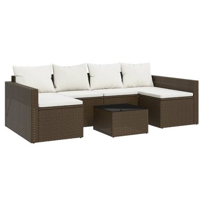 vidaXL Patio Lounge Set – 2 Piece Brown Poly Rattan Outdoor Furniture with Thick Padded Seat Cushions, Pillows, and Sturdy Coffee Table