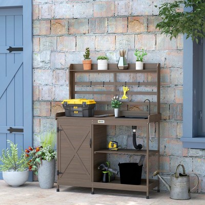 Dark Brown Wooden Outdoor Potting Bench with Storage Cabinet and Sink