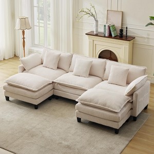 112"/146.5" L Modular Sectional Sofa, Corduroy Cloud Couch with Movable Ottoman & Throw Pillows, Modern L/U-Shaped Sofa - 1 of 4