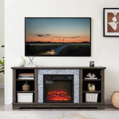 VYNXARIA Grey Faux Stacked Stone TV Media Stand with 18" Electric Fireplace Insert