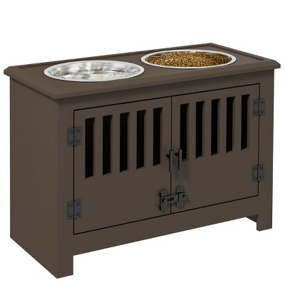 INFURNIC Pet Bowl Large Elevated Feeding Station with Storage Cabinet Stainless Steel Bowls, Brown, 23.5"*11.8"*17"