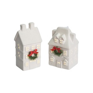 Transpac Ceramic LED Village Candle Holders Set of 2 Multicolor Christmas Tabletop Mantel Battery Operated Indoor Decor - 1 of 1