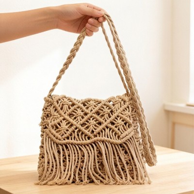 Сумки Alilang Macrame Fringe Shoulder Bag Knotted Rope Crossbody Handbag Boho Woven Tassel Bag Lightweight Handmade Style Purse - Khaki — фото 2