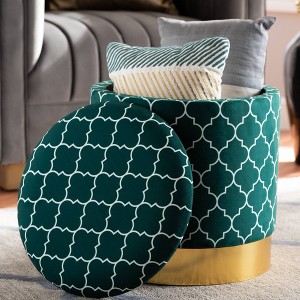 Serra Quatrefoil Velvet Upholstered Metal Storage Ottoman - Baxton Studio - 1 of 4
