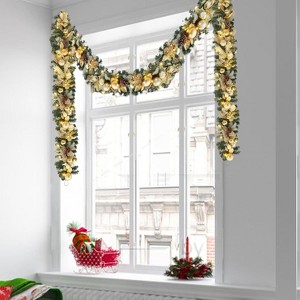 6ft Pre-Lit Christmas Garland with Warm White Lights, Artificial Garland with Gold Christmas Balls, Pine Cones for Fireplace,Mantle, Indoor Decor - 1 of 4