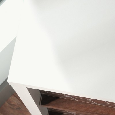 Harvey Park Mid-Century 4-Drawer Chest in Soft White with Walnut Accents