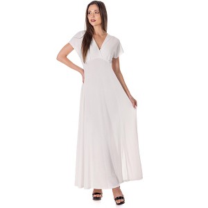 24seven Comfort Apparel Womens Flutter Sleeve Metallic Knit Maxi Dress Front Slit Empire Waist - 1 of 4