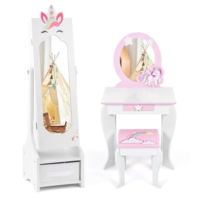 Infans Kids Vanity Set Princess Makeup Dressing Table and Chair Set w/ Jewelry Armoire