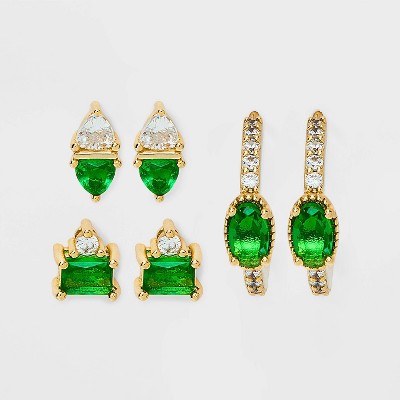 14K Gold Dipped Cubic Zirconia Stud and Hoop Earring Set 3pc