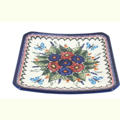 Blue Rose Polish Pottery Floral Butterfly Square Dessert Plate