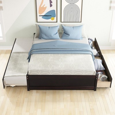 CAVINAS Twin Size Platform Bed with 2 Drawers,Bed Frame with Trundle Bed,Box Spring Not Required,Espresso/White/Gray