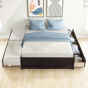 CAVINAS Twin Size Platform Bed with 2 Drawers,Bed Frame with Trundle Bed,Box Spring Not Required,Espresso/White/Gray - 1 of 4