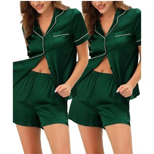 cheibear Women's 2 Packs Satin Button Down Sleepwear Shirt with Shorts Pajama Sets - 1 of 4